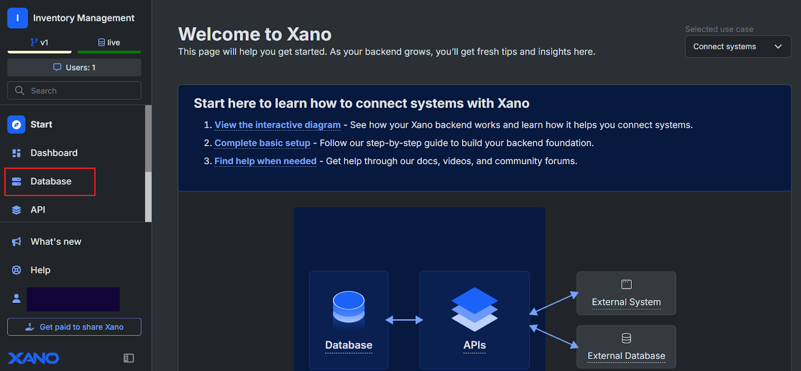 A Xano Workspace entitled Inventory Management. The Database tab in the left-hand menu is highlighted.