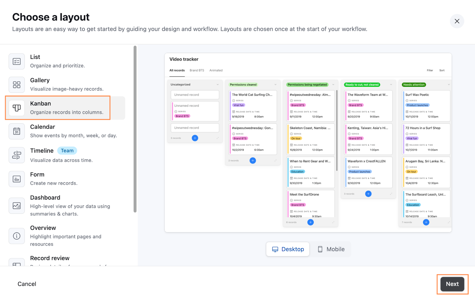 Airtable space for choosing your interface layout. Here the Kanban option is highlighted.