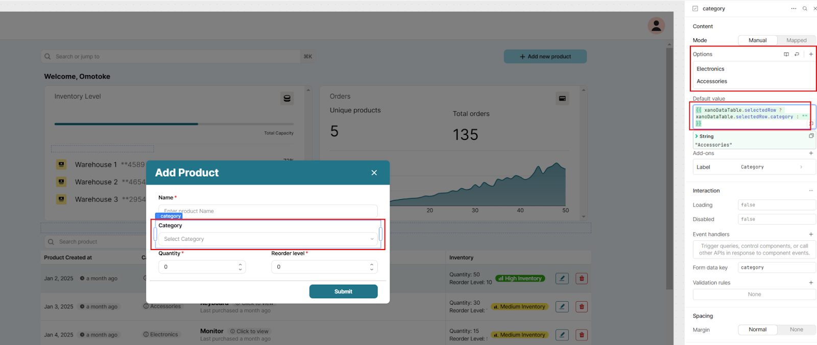 A Retool workspace with a modal component containing a form component. The settings for one of the form fields (Category) are open in the right sidebar.