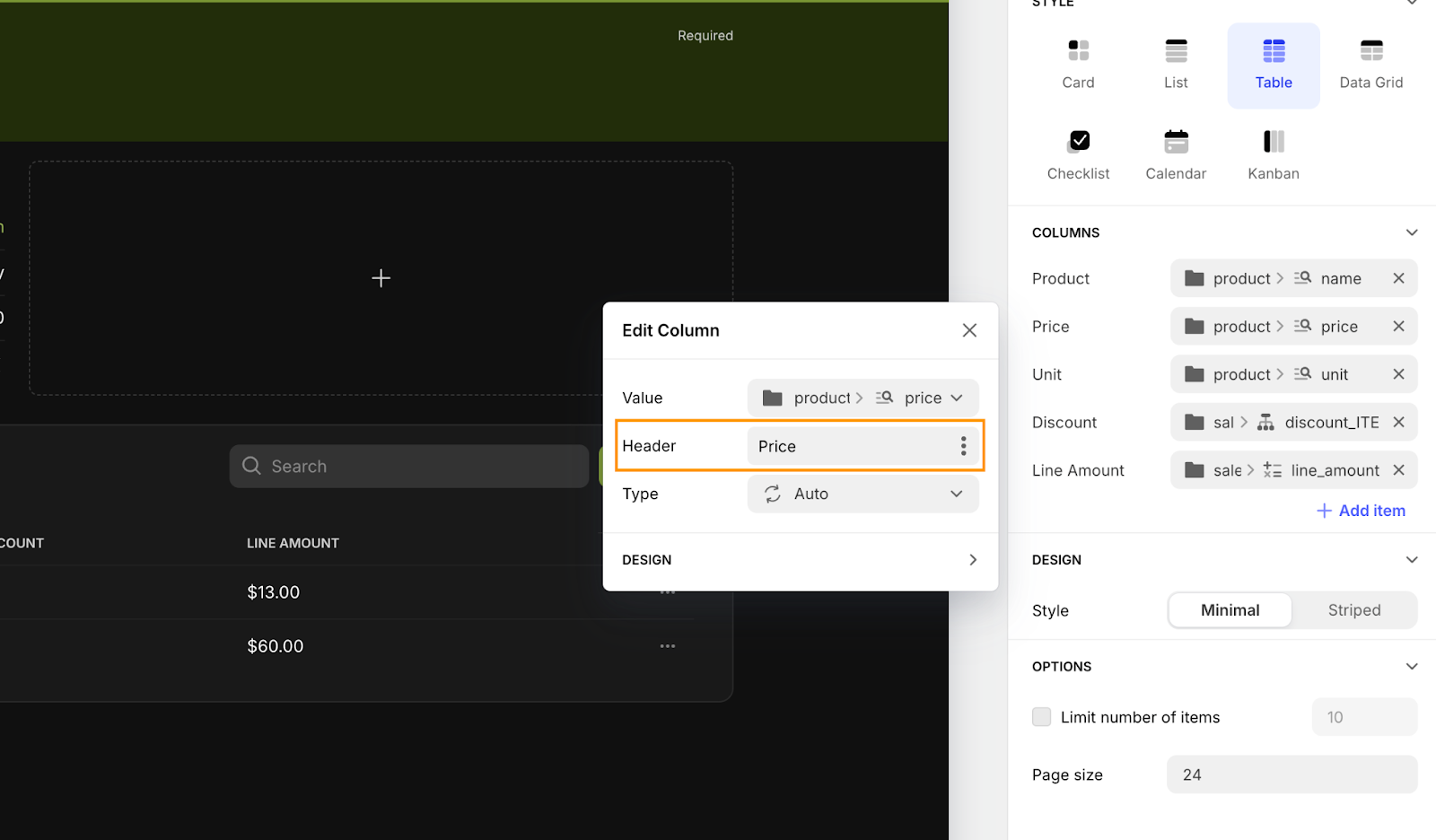 The configuration settings for a table in Glide's UI designer and the modal box for editing the Value, Header and Type of a column in the table.