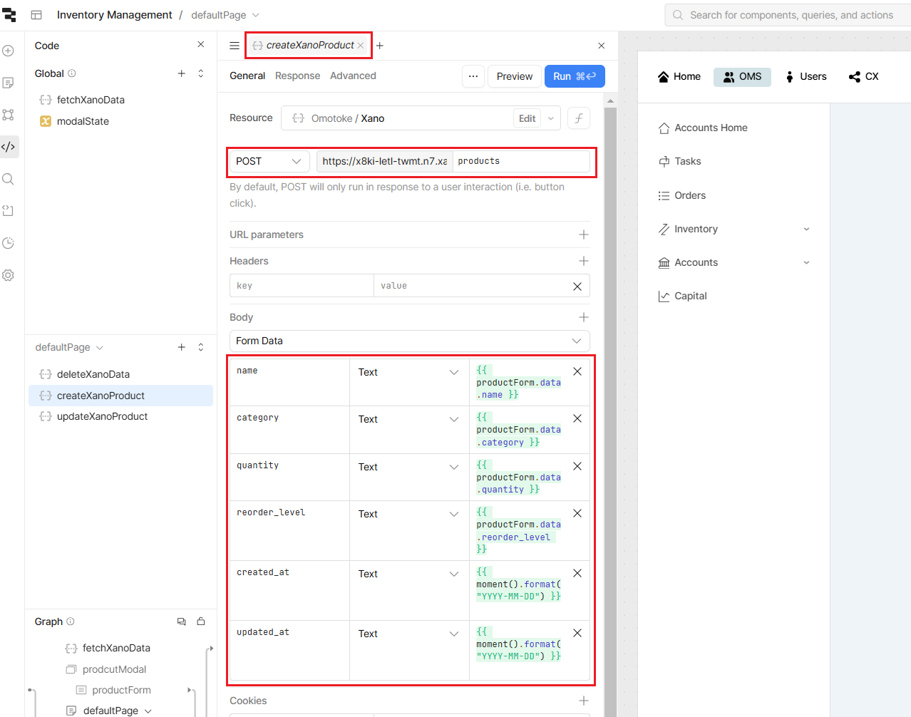 The code section of a Retool workspace showing the settings for a POST Resource query, called createXanoProduct.
