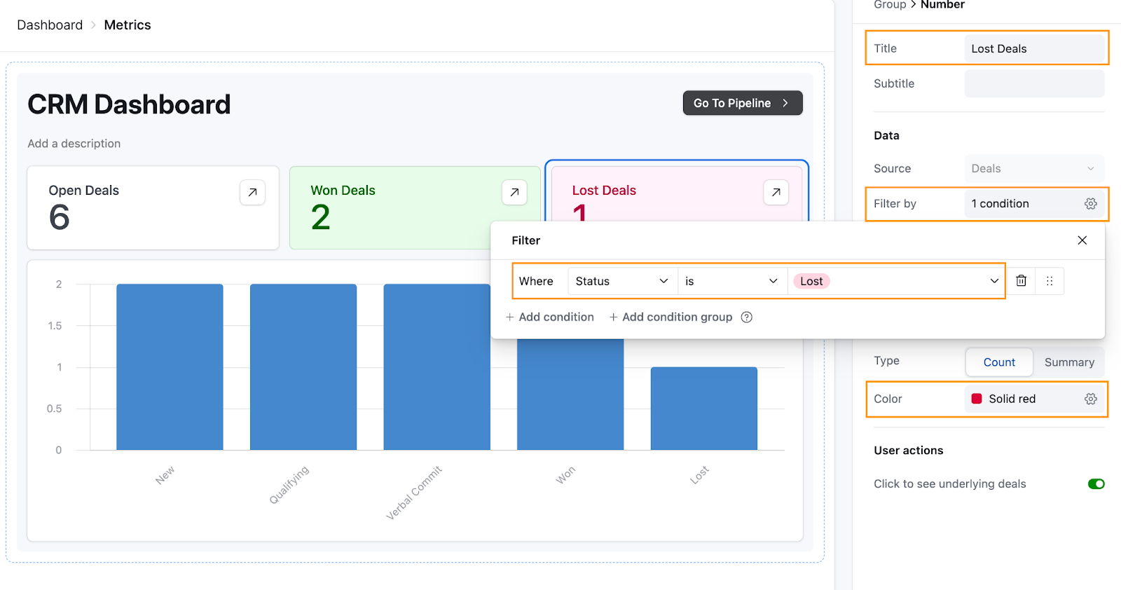 An Airtable dashboard interface with a Number element, called Lost Deals, that is being filtered by the condition that the deal Status is Lost.