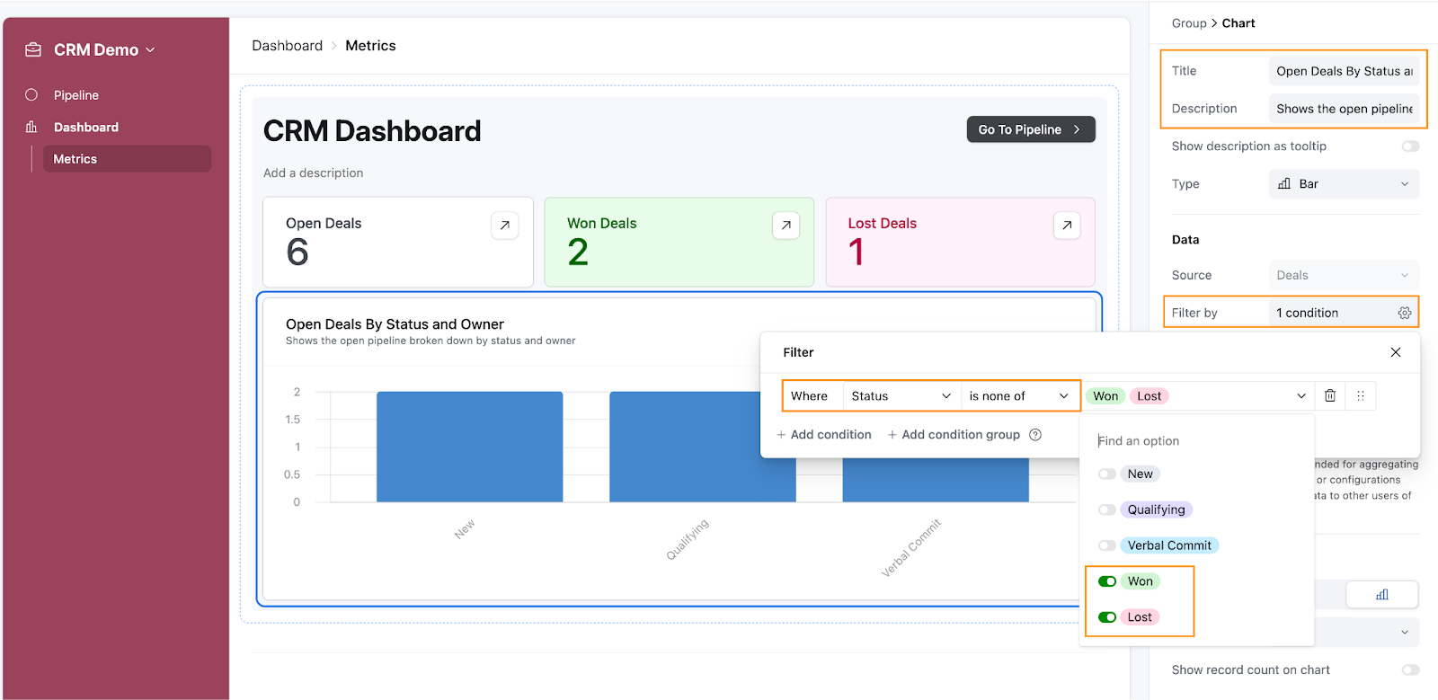 An Airtable dashboard interface containing a char, called Open Deals by Status and Owner, which is being filtered by the condition that the Status is neither won nor lost.