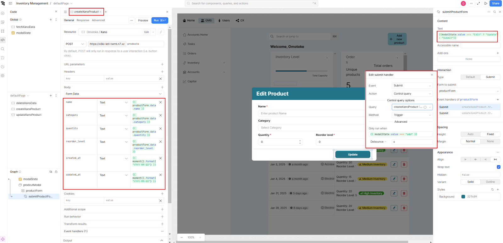 Using an event handler on a button in a form in Retool to trigger a query when clicked.