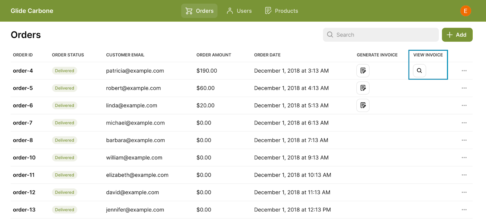 A Glide database called Orders. The View Invoice column is highlighted.