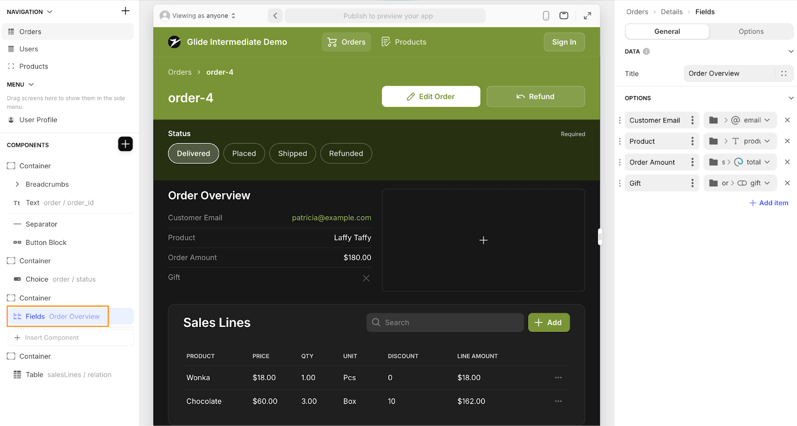Frontend of an app in Glide's UI designer with a Fields component highlighted in the Components tree and the configuration settings for that Fields Component shown in the right sidebar.