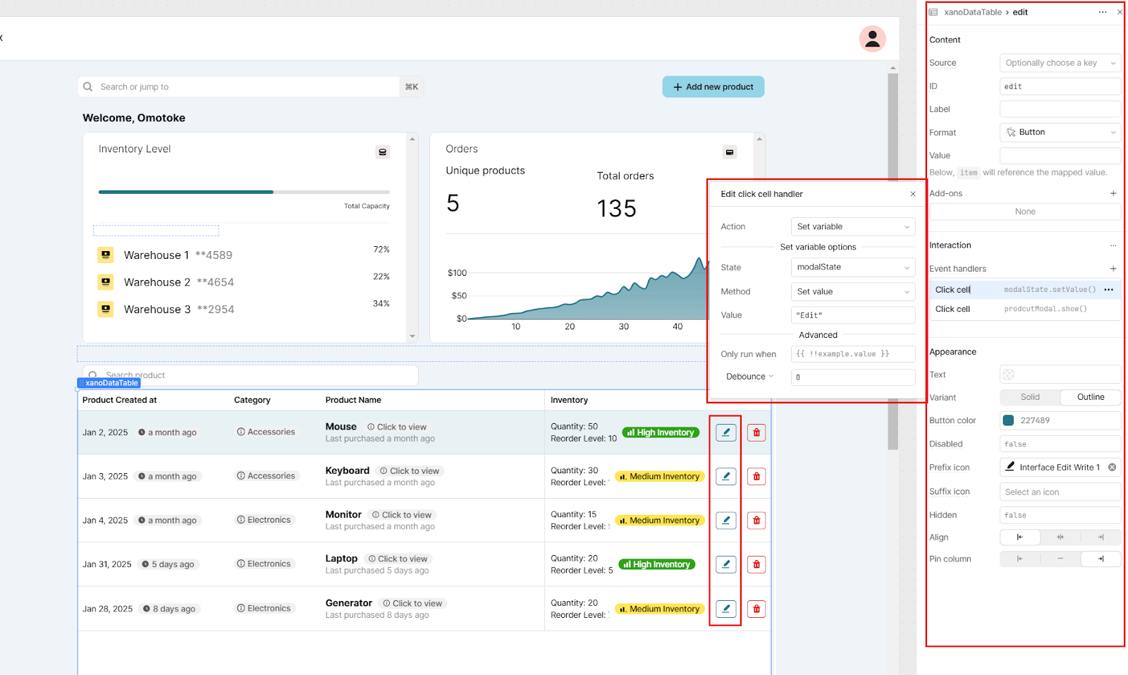 A Retool table with a column called edit highlighted and the settings for the column in the right sidebar.