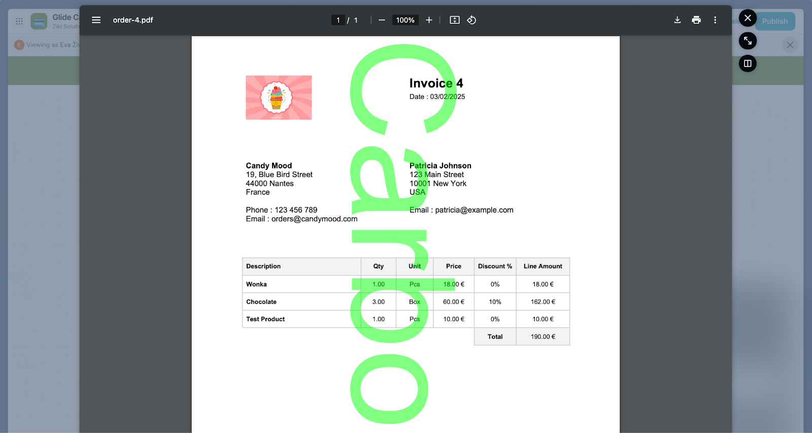 An example invoice created using Glide and Carbone.