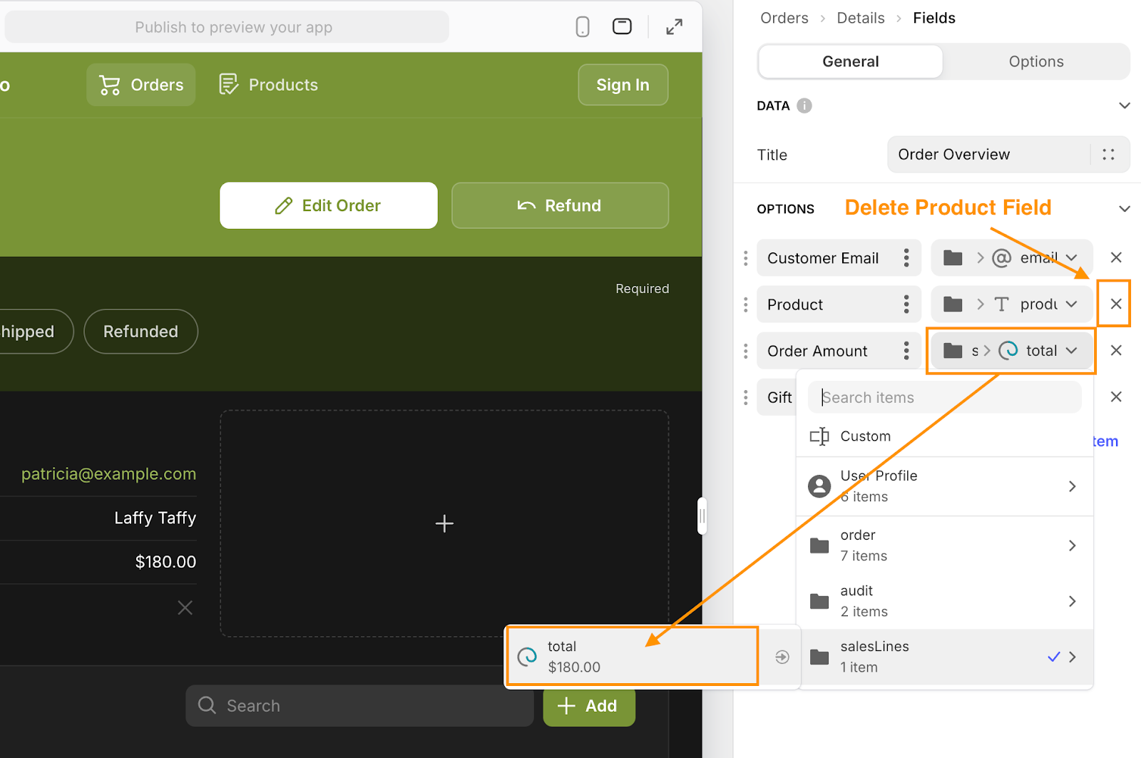 How to delete or change the value of a field in the Fields component in Glide's UI designer.