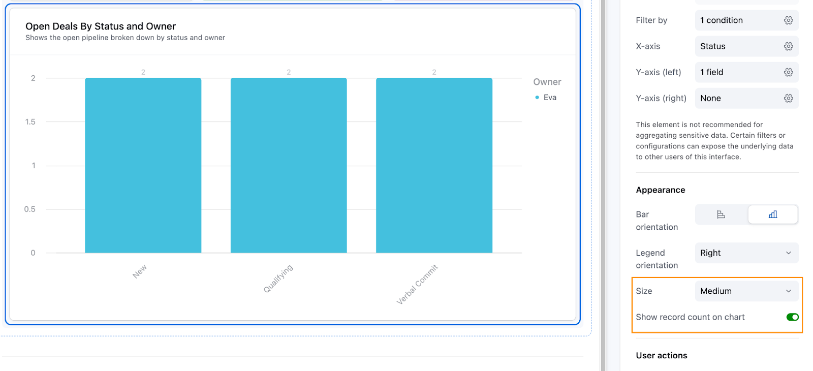 How to resize and show the record count on an Airtable chart.
