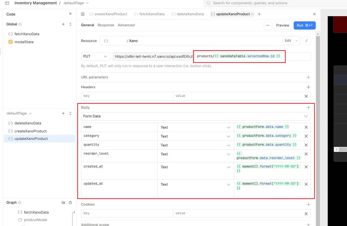 The code section of a Retool workspace showing the settings for a PUT Resource query, called updateXanoProduct.