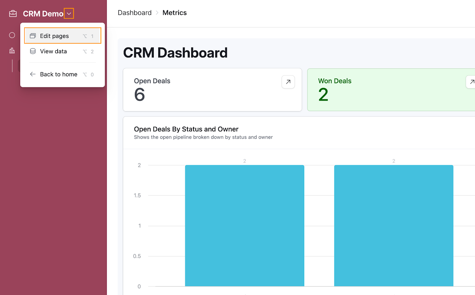 An Airtable workspace entitled CRM Demo with the dropdown arrow clicked and the Edit pages option highlighted in the dropdown list.