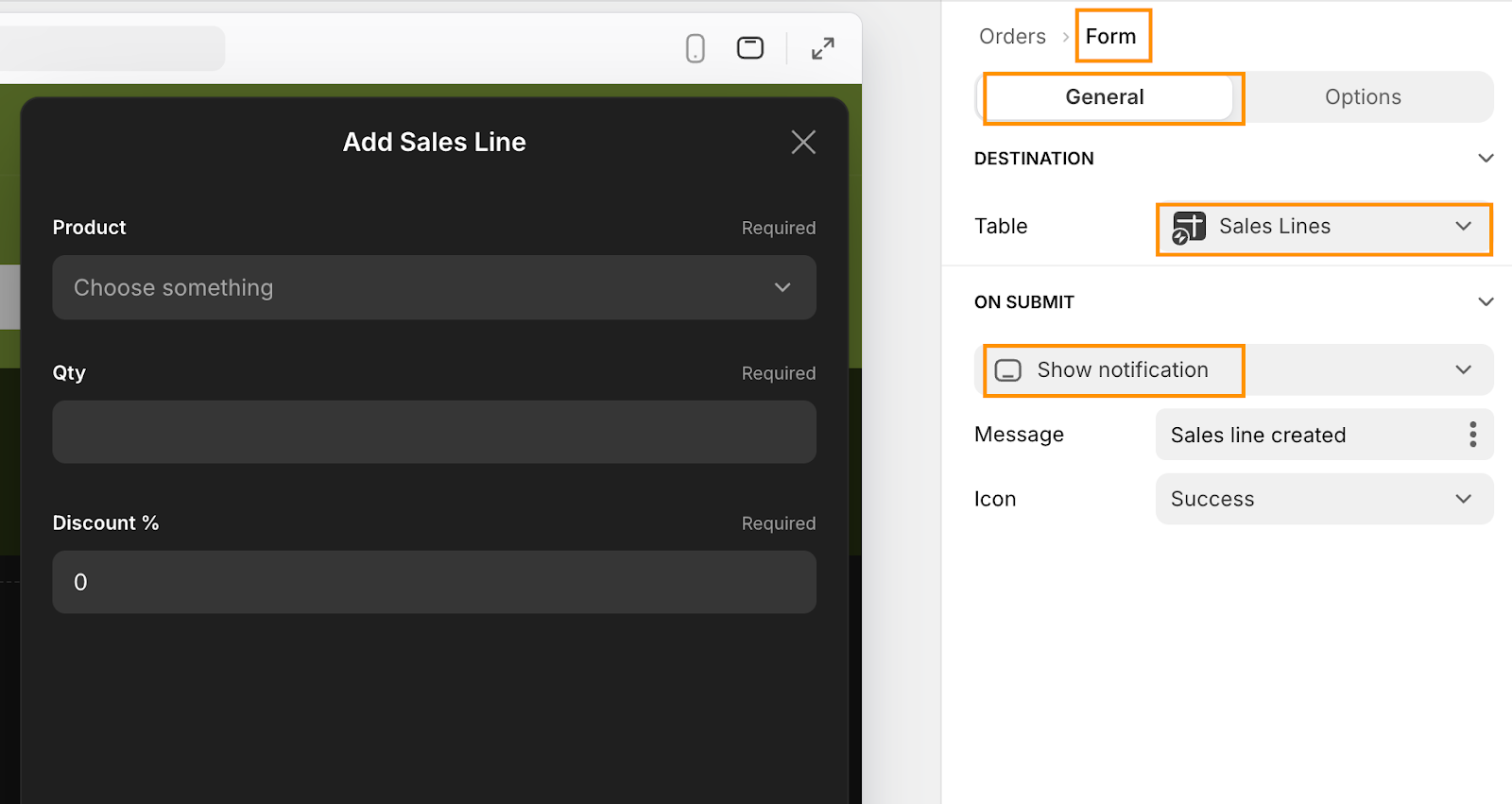 The General Form settings in Glide's UI designer. Here one can choose the destination table and options for what to do on form submission.