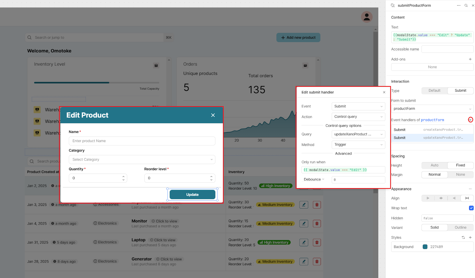 Using an event handler on a button in a form in Retool to trigger a query when clicked.