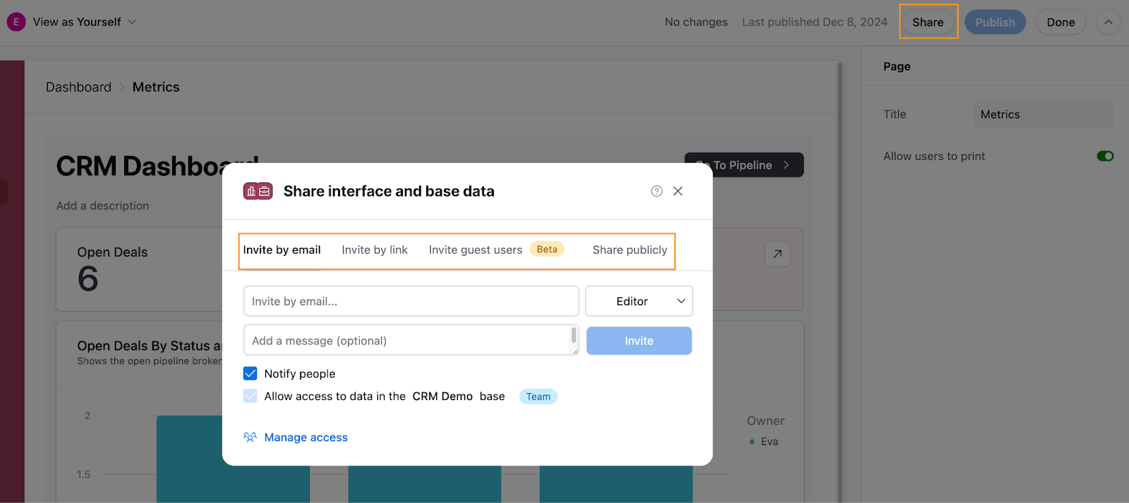 The Airtable interface builder, with Share clicked and an open modal where one can invite users by email, share a link, invite guest users or share publicly.