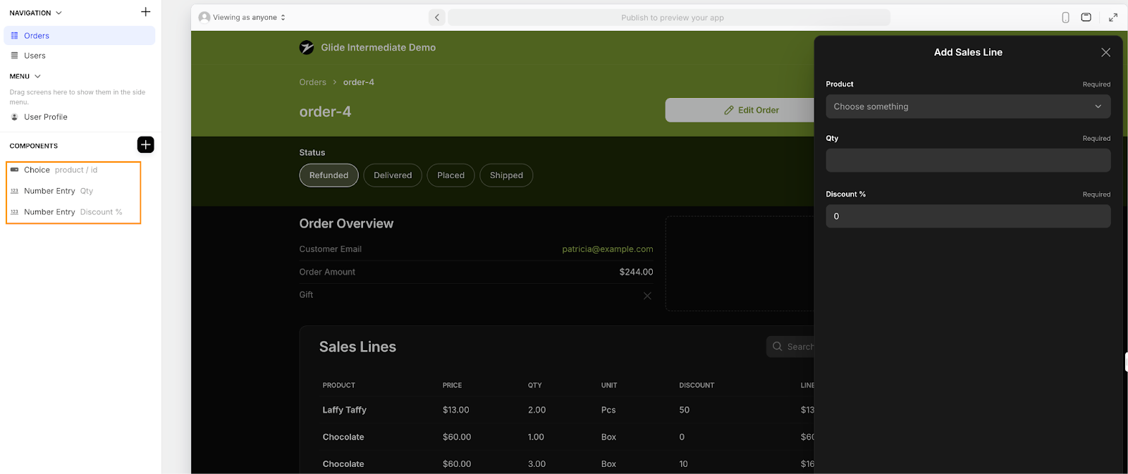 Glide's UI designer with the Components tree (left sidebar) for an Add item form open on the right side.
