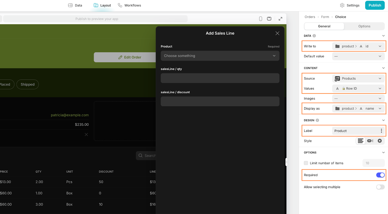 The General configuration settings for a Choice field, called Products, in an Add item form in Glide's UI designer.
