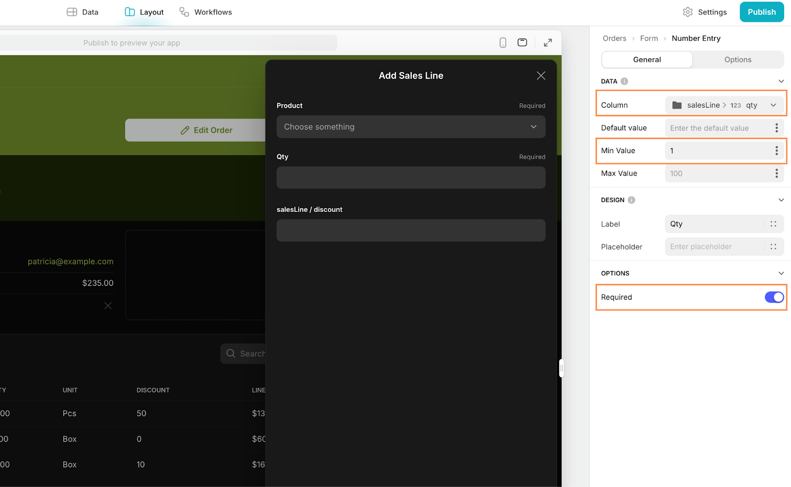 The General configuration settings for a Number Entry Field, called Qty, in an Add item form in Glide's UI designer.