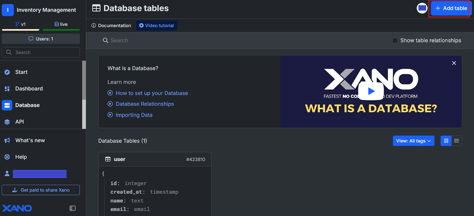 How to Add a table in the Database tables section of a Xano Workspace.