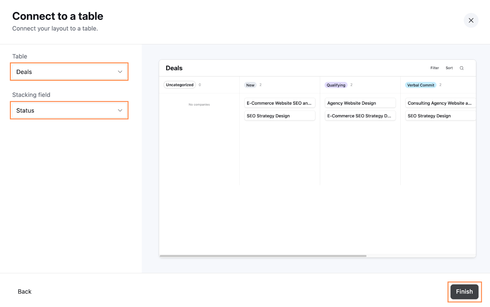 Airtable page for defining the data source for your interface. Deals has been chosen under Table and Status has been chosen under Stacking field.
