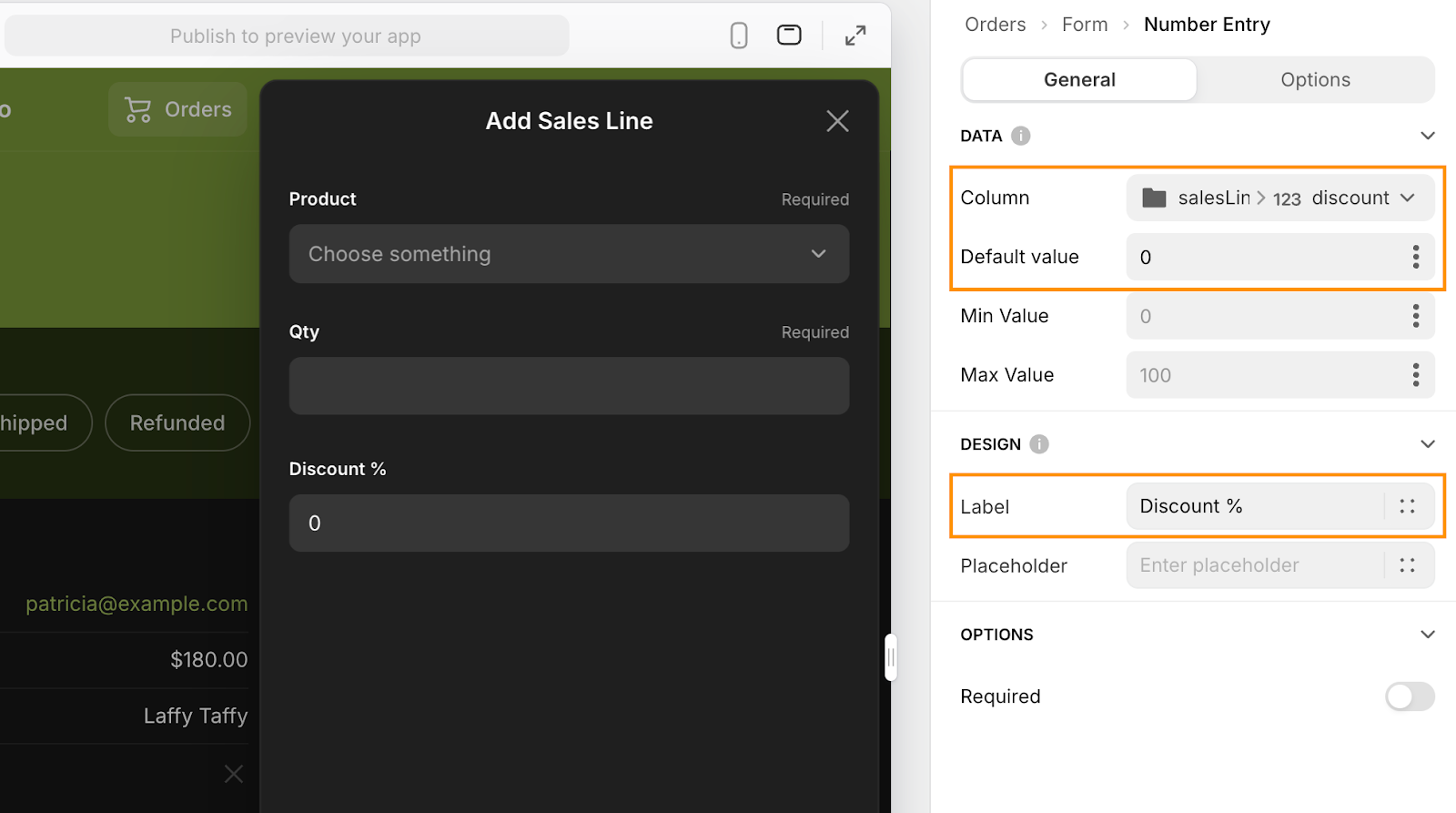 The General configuration settings for a Number Entry field, called Discount %, in an Add item form in Glide's UI designer.
