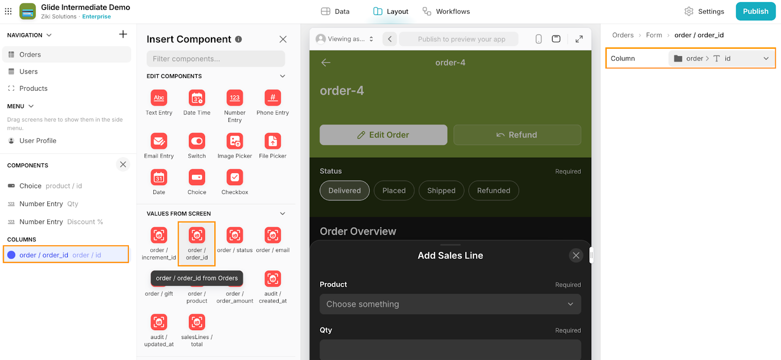 How to insert and configure a Values From Screen component in Glide's UI designer.