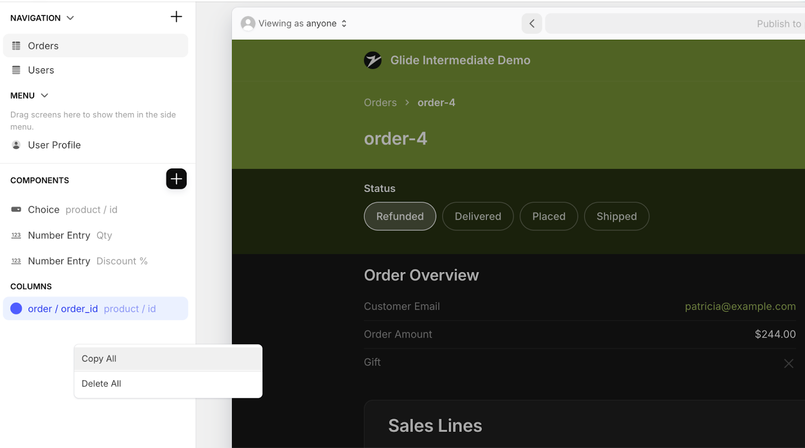 How to copy items from the Components tree in Glide's UI designer.