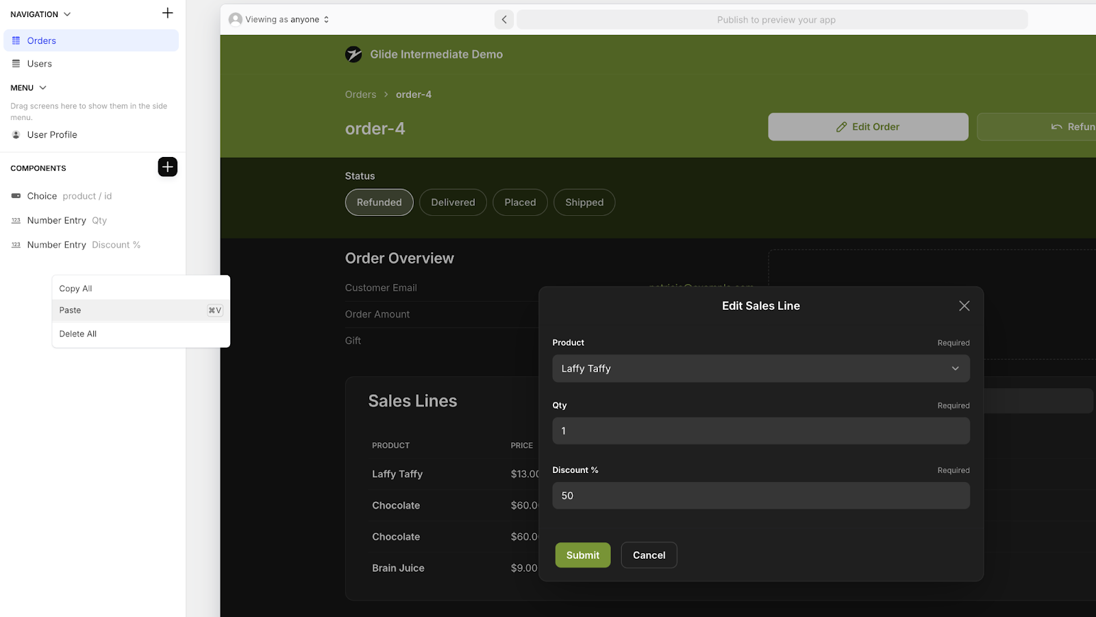How to paste components into the Components tree in Glide's UI designer.