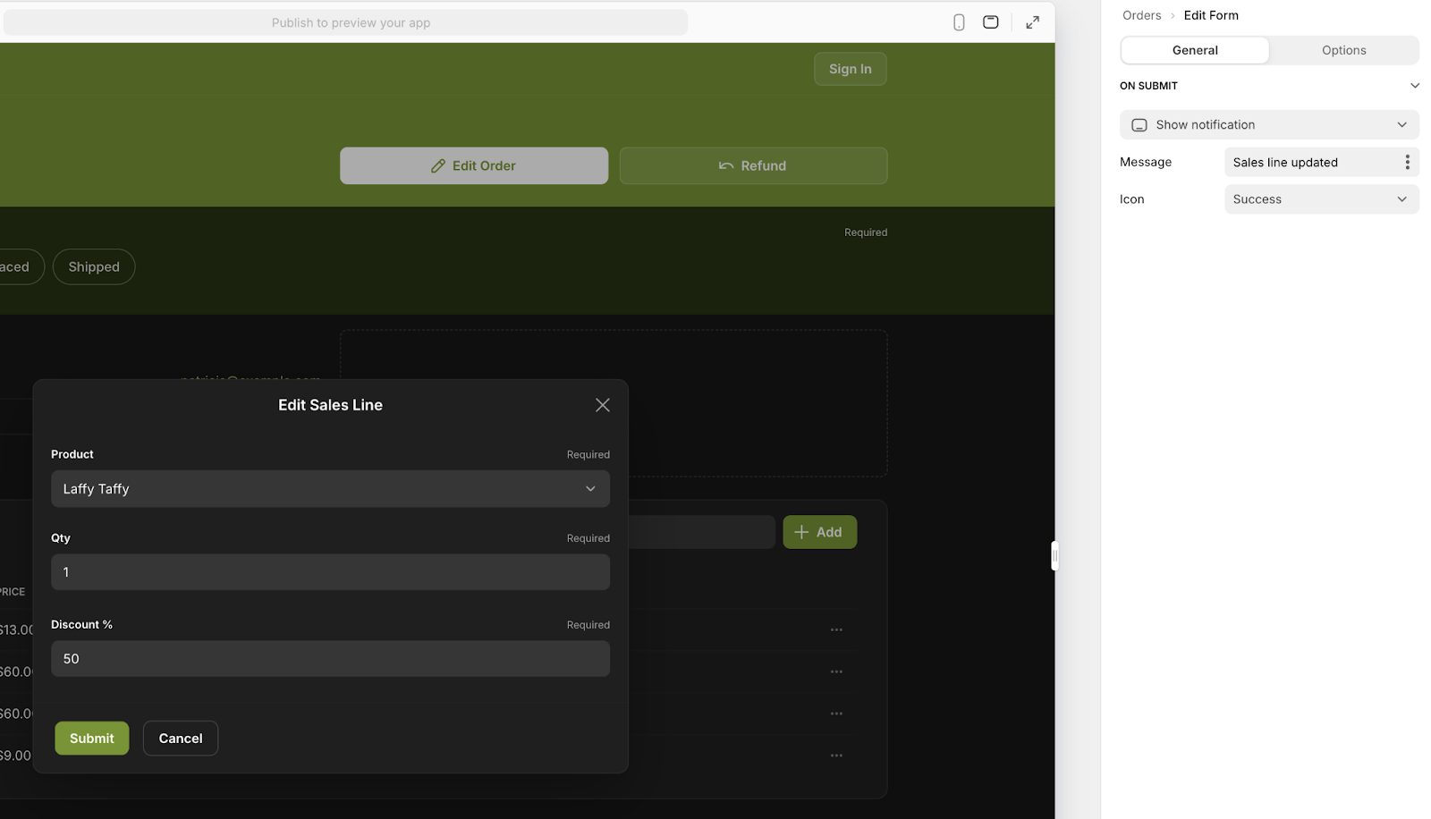 Glides's UI designer with a Edit form, called Edit Sales Line, open and the General settings for the form in the right sidebar.