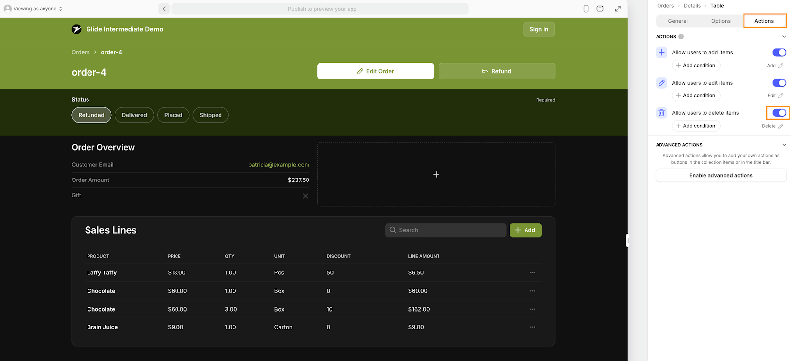 Frontend of an app in Glide's UI designer with the Actions settings for a Table open in the right sidebar. The toggles for allowing users to add, edit and delete items are all toggled on.