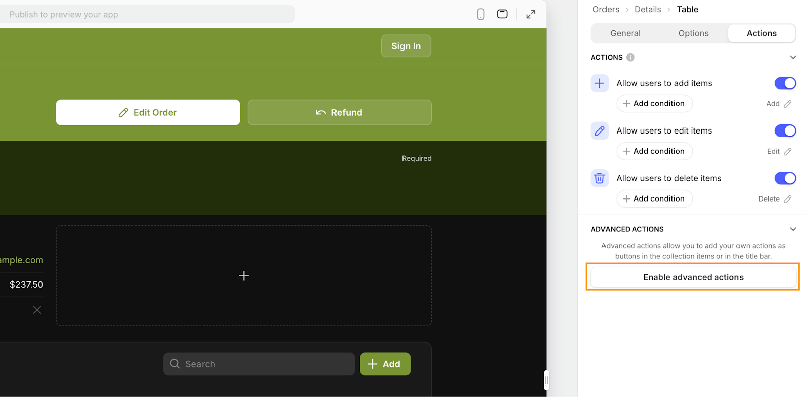 Frontend of an app in Glide's UI designer with the Actions settings for a Table open in the right sidebar. The toggles for allowing users to add, edit and delete items are all toggled on and the Enable advanced actions button is highlighted.