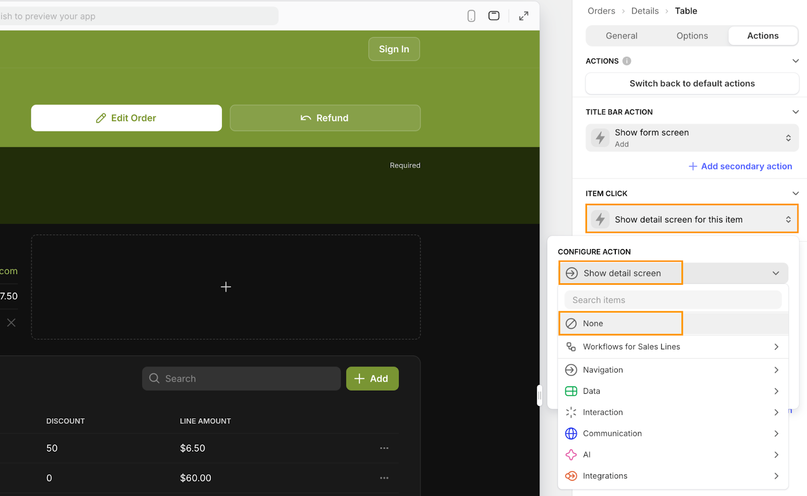 How to remove the detail screen for an item using the Advanced settings in the Table Actions configuration pane in Glide's UI designer.