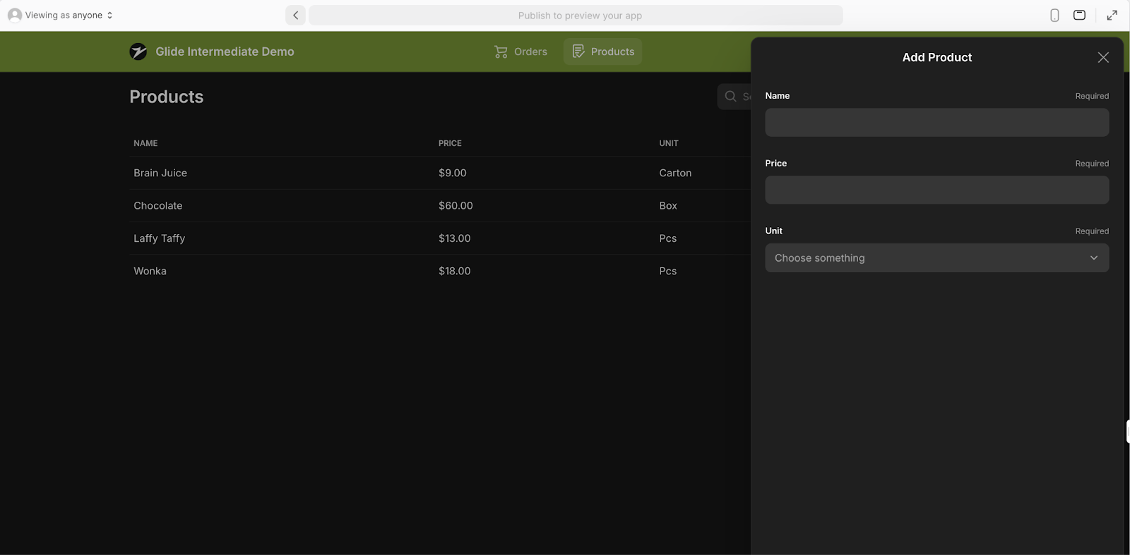 Frontend of a app in Glide's UI designer with an Add Item form, called Add Product, open on the right side.