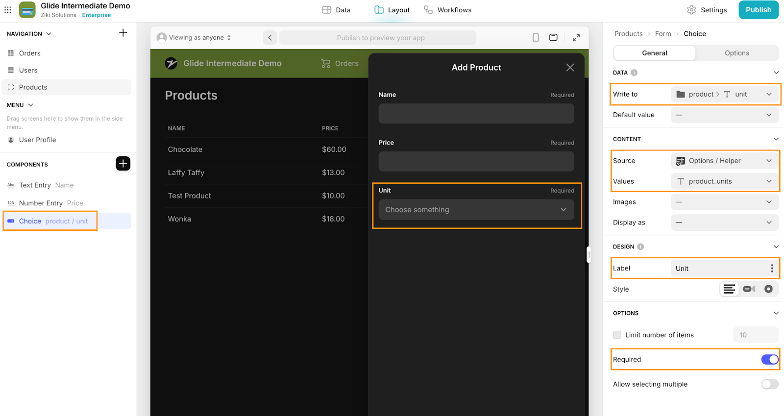 The configuration settings for a Choice component in an Add item form, called Add Product, in Glide's UI designer.