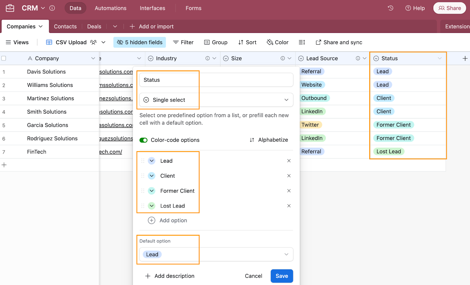 The field formatting options in an Airtable database. The field being formatted is Status, the type is Single select and Lead, Client, Former Client and Lost Lead are the Single select options. Lead is selected as the Default option.