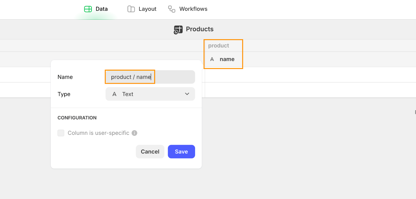 Renaming a column in a Glide table from product to product / name.