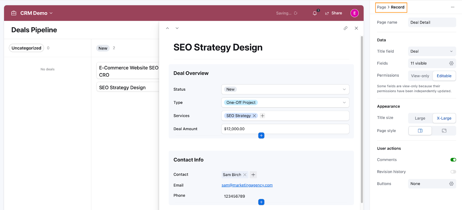 Airtable configuration pane for an app entitled CRM Demo.
