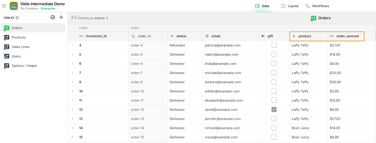 List of tables in Glide app builder. Here the database called Orders is shown and two columns, product and order_amount, are highlighted.