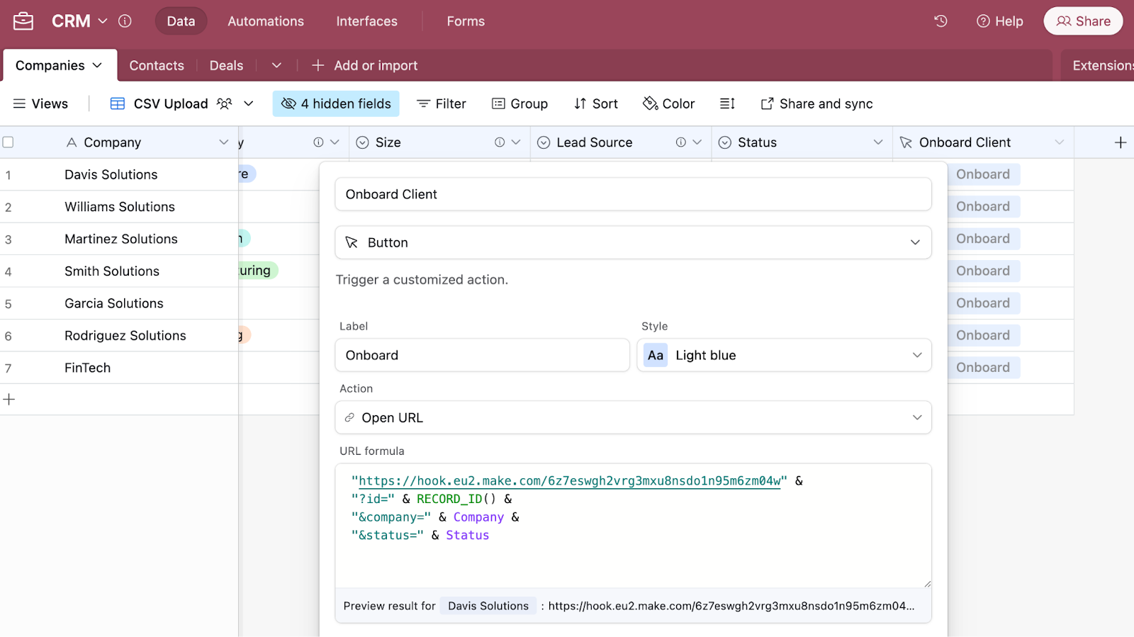 How to add a Button field to an Airtable database. Here the button is named Onboard Client and the button action is Open URL.