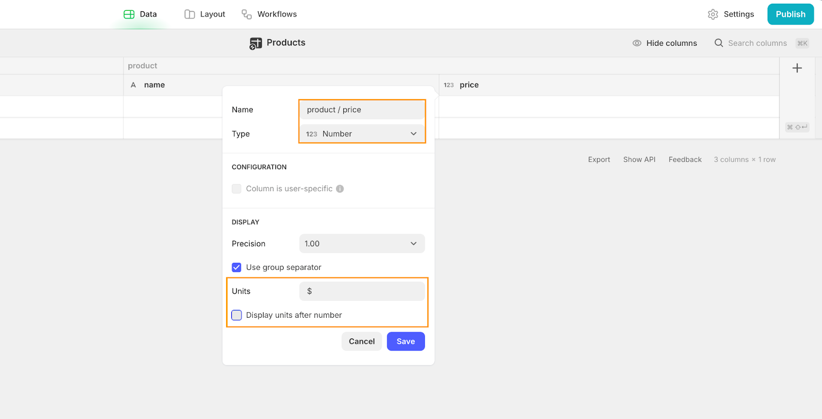 Adding a Number column, called product / price, with units in dollars to a Glide table.