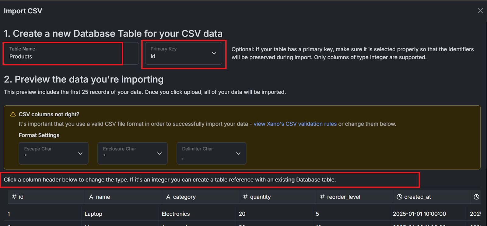 The setup options for creating a new database table in Xano by importing CVS data.