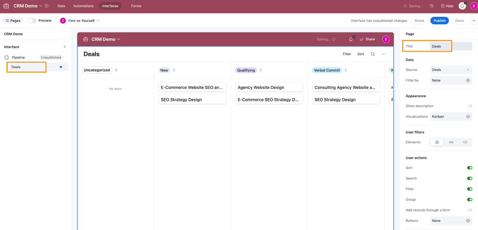 Airtable interface configuration pane for an app called CRM Demo which contains an interface called Pipeline which contains a page called Deals.