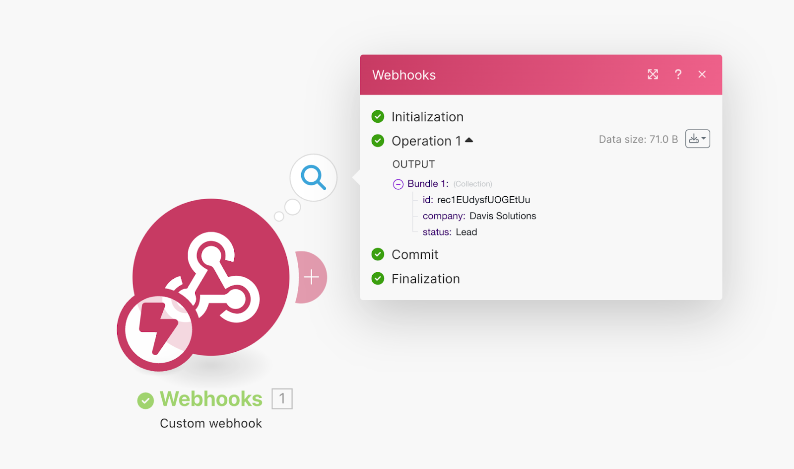 Webhook output in Make, showing Airtable id, company name and status.