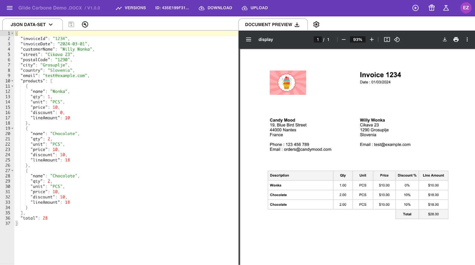 The Carbone Studio main page. JSON data has been added on the left side and a preview of the Carbone document is on the right side.