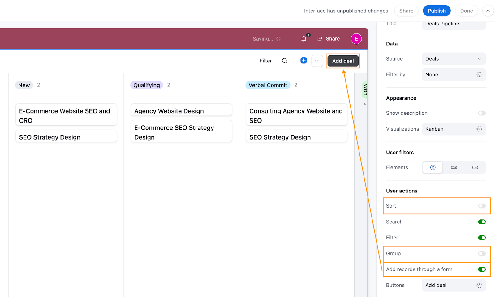 Airtable interface configuration pane highlighting the User actions possible for a page within the interface. Here Sort and Group have been toggled off and Add records through a form has been toggled on.