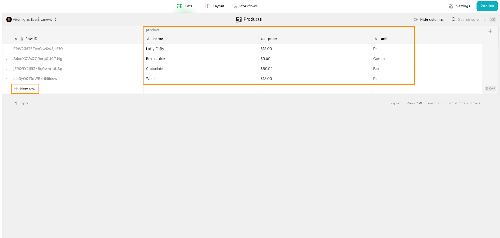 A Products data table in Glide containing demo data.