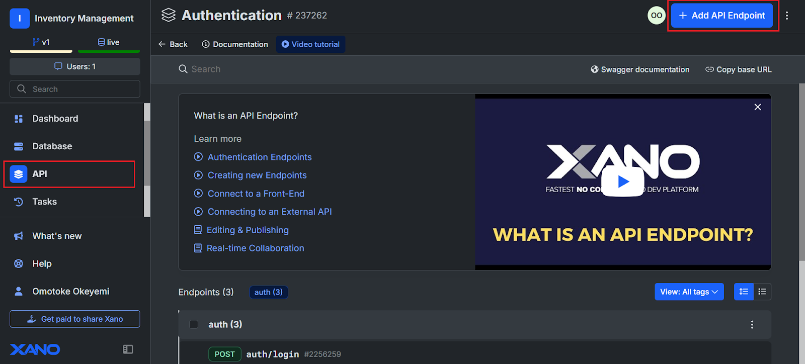 How to add API endpoints in the Authentication section of Xano Workspace.