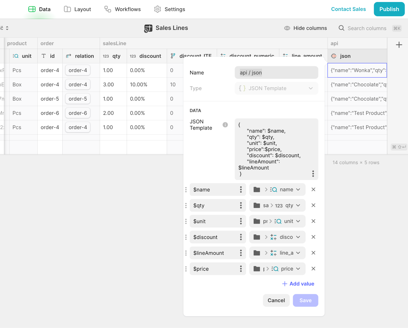 A Glide database, called Sales Lines. The settings box for adding a new JSON Template column is open.