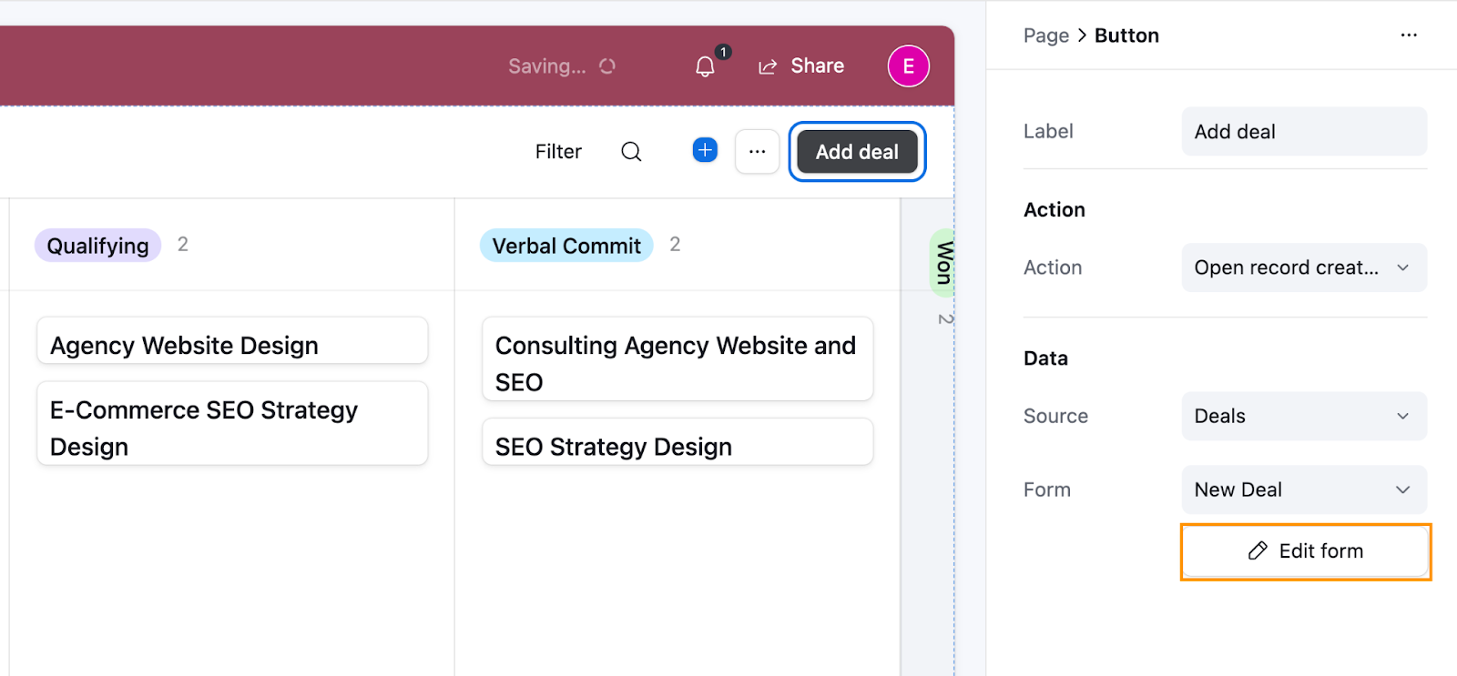 The Airtable Form configuration pane. The form here has been named New Deal.
