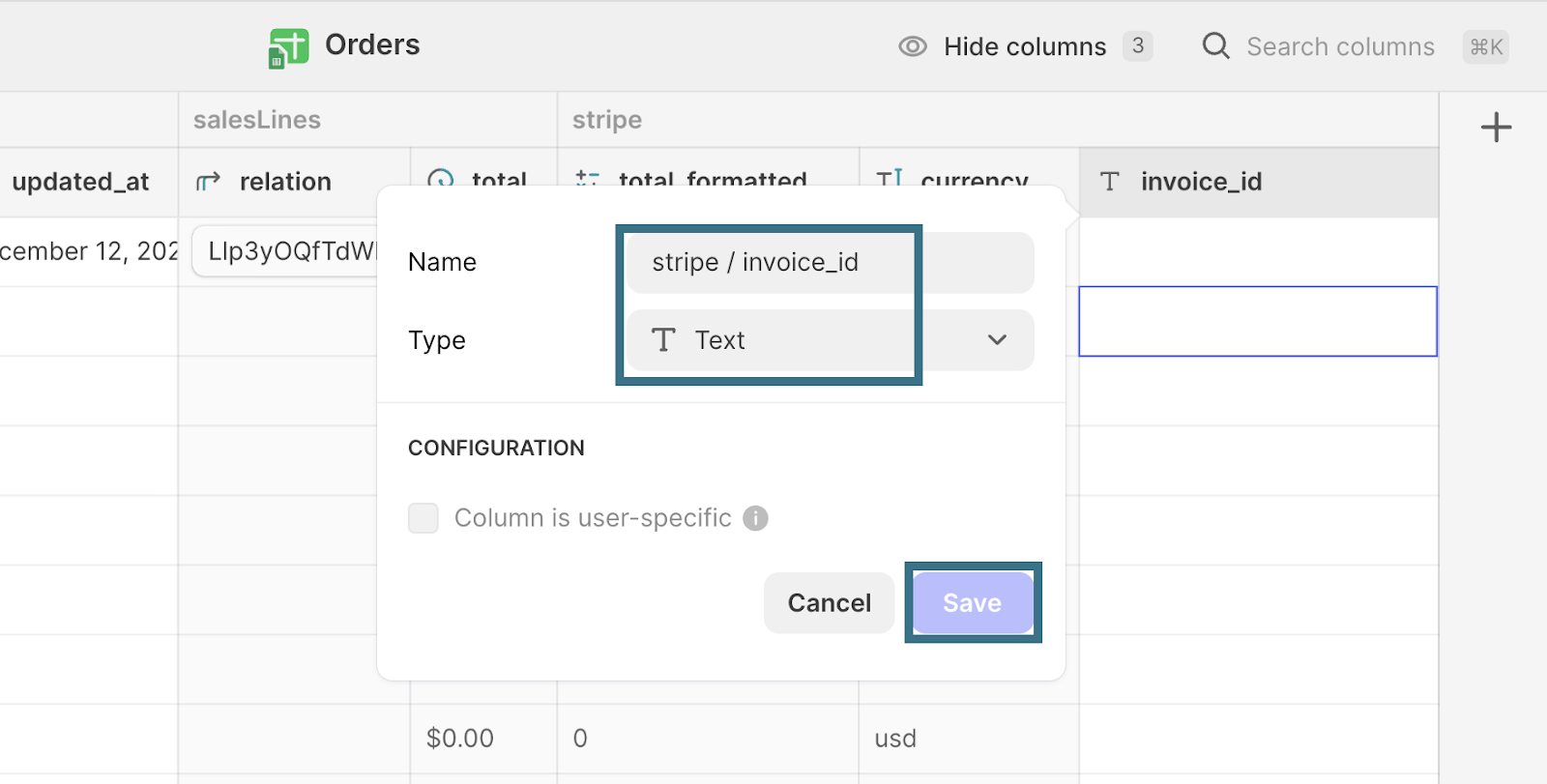 Adding a Text column, called stripe / invoice_id, to an Orders database in Glide.